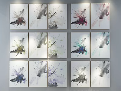 Multiple Abstract Paintings Displayed on Wall with Various Colors and Modern Brushstrokes 3d model
