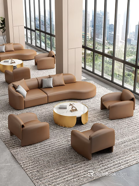 Modern Shopping Mall Lobby Interior With Brown Leather Sofa Round Coffee Table And Large Windows 3d model 