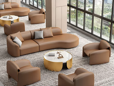 Modern Shopping Mall Lobby Interior With Brown Leather Sofa Round Coffee Table And Large Windows 3d model
