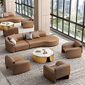 Modern Shopping Mall Lobby Interior With Brown Leather Sofa Round Coffee Table And Large Windows