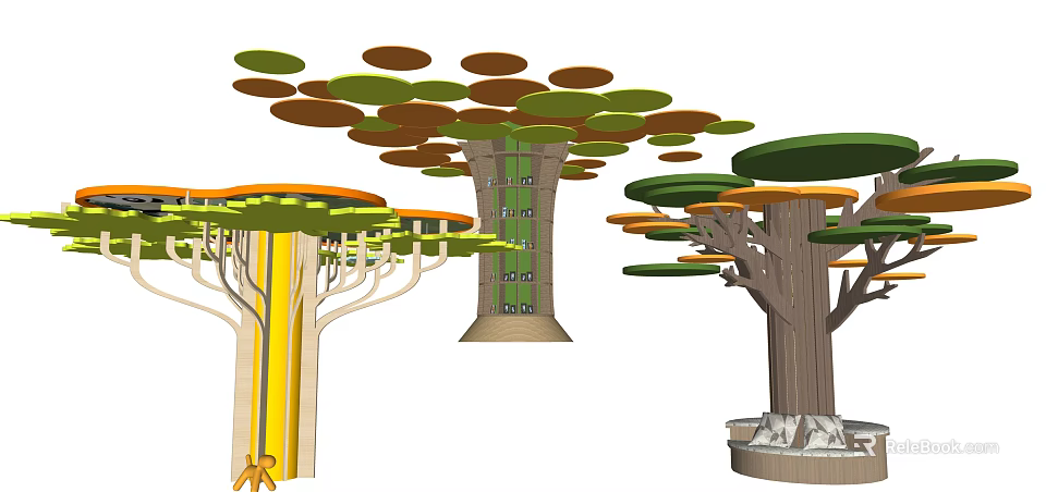 Tree Shaped Columns With Green Leafy Canopies And Wooden Trunk Structures 3d model