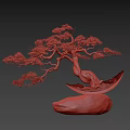 Artistic Bonsai Tree with Curved Trunk Pine Foliage in Boat Shaped Pot on Rock Base