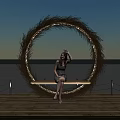 Garden Landscape With Circular Straw Ring Wooden Bench And Seaside Sunset View