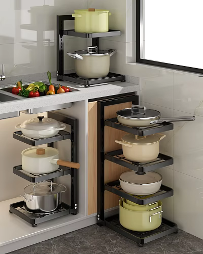 Modern Kitchen Cookware Set with Pots and Pans on Multi Layer Storage Rack 3d model