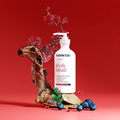 Biology Body Wash Skincare Product White Pump Bottle On Red Background With Natural Decor 3d model