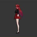Anime Girl Character With Long Red Hair Black Red Uniform Skirt Standing Pose Gray Background