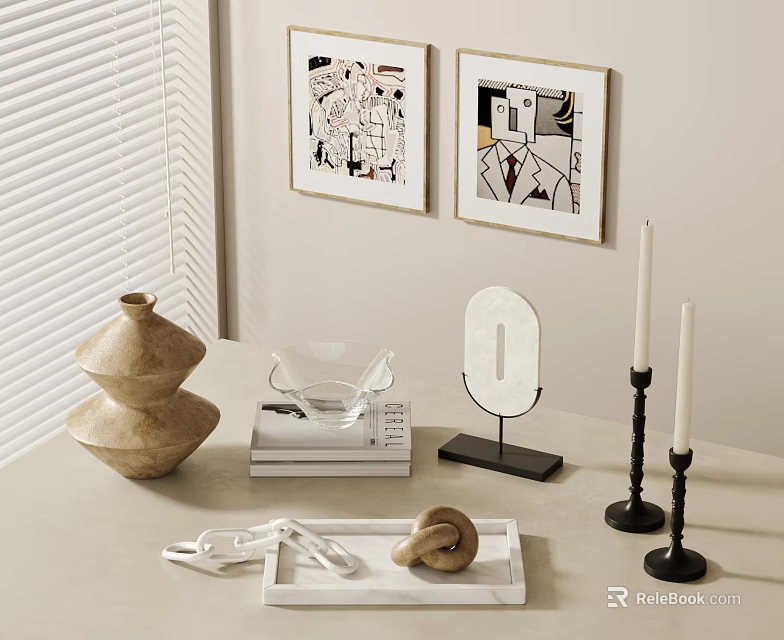 Decorative Ornament Set with Framed Art Ceramic Vase Glass Bowl Mirror Candle Holders and Tray 3d model 