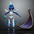 Blue Spiked Headdress Character With White Outfit And Glowing Accessory Near Giant Shell Creature