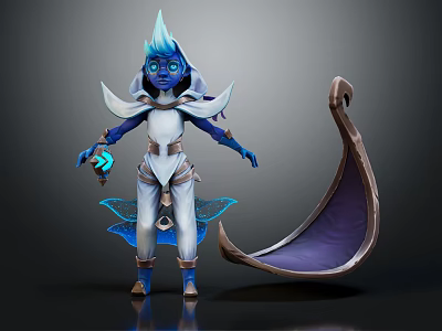 Blue Spiked Headdress Character With White Outfit And Glowing Accessory Near Giant Shell Creature 3d model
