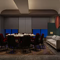 Elegant Modern Private Dining Room Interior With Round Table Red Chairs Sofa And Large Windows 3d model
