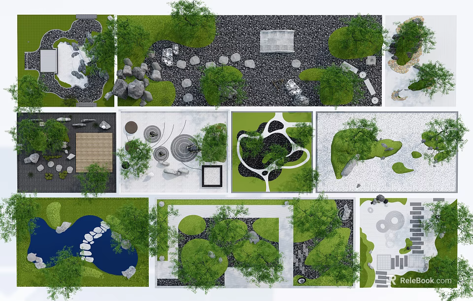Japanese Dry Landscape Garden Design With Stones Sand Patterns Moss And Zen Plants 3d model 
