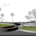 Dandelion Shaped Pergola With Green Lawns Circular Platforms Wooden Walkways Under Sky Clouds And Moon