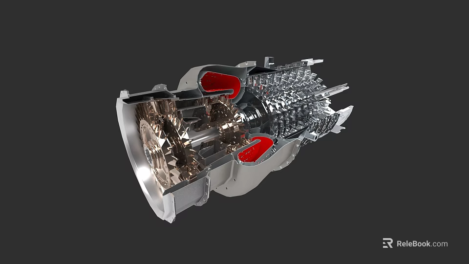 Industrial Turbine Cross Section View With Metal Gears Blades And Red Components 3d model 
