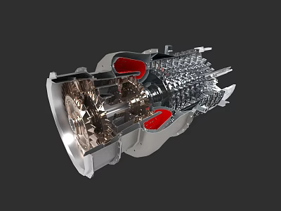 Industrial Turbine Cross Section View With Metal Gears Blades And Red Components 3d model