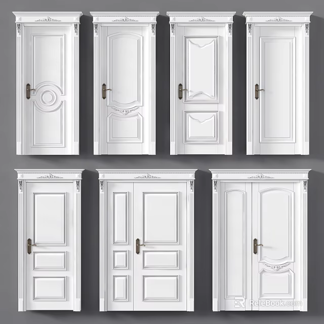 White Interior Hinged Doors Featuring Various Decorative Panels And Metal Handles 3d model