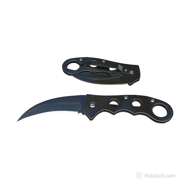 Two Piece Cutlery Set with Black Handle Hole Design Curved Blade and Folding Knife 3d model 
