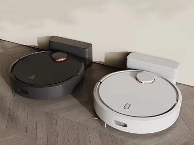 Smart Robot Vacuum Cleaners With Black White Design And Charging Dock On Wooden Floor 3d model