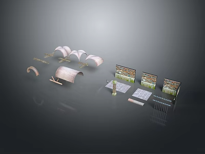 Architectural Design Model Display With Curved Structures Display Boards And Design Drawings 3d model
