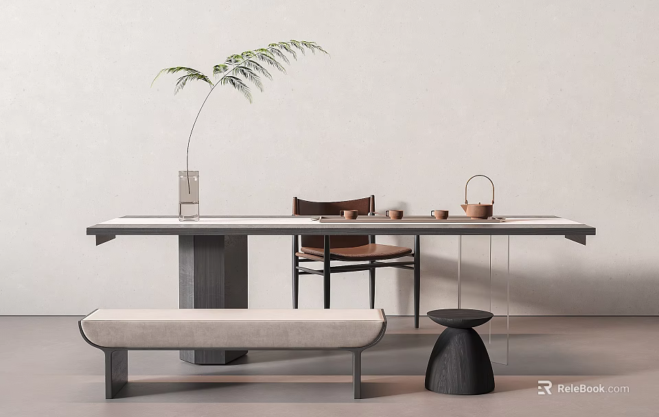 Modern Minimalist Tea Table And Chairs With Bench Vase Plant And Tea Set 3d model 