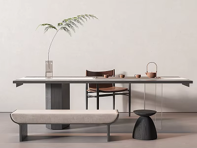 Modern Minimalist Tea Table And Chairs With Bench Vase Plant And Tea Set 3d model