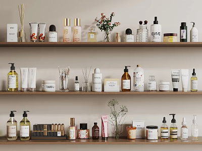 Organized Bathroom Accessories With Various Decorative Products On Multiple Wooden Shelves 3d model