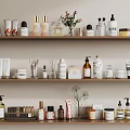Organized Bathroom Accessories With Various Decorative Products On Multiple Wooden Shelves