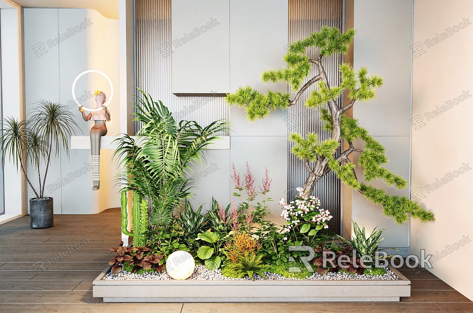 Modern Indoor Plant Landscape Landscaping Combination Pine Plant Pile Flowers and Plants Flower Mirror Courtyard Sketches model