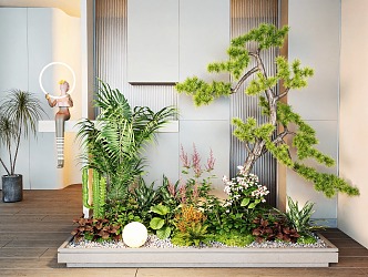 Modern Indoor Plant Landscape Landscaping Combination Pine Plant Pile Flowers and Plants Flower Mirror Courtyard Sketches 3d model