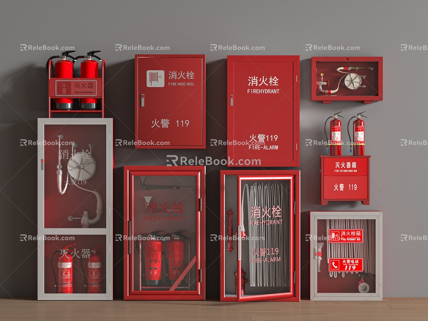 Fire hydrant fire extinguisher fire hydrant safety exit alarm fire emergency lighting 3d model