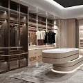 Modern Walk in Closet Interior with Open Hanging Area Drawers and Marble Countertop