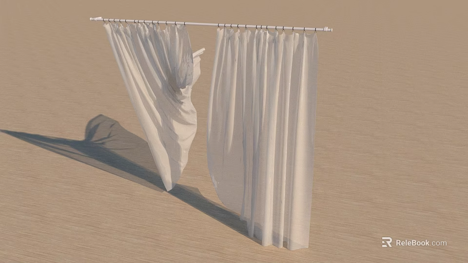 White Flowy Curtains On White Curtain Rod Partially Drawn Over Light Wooden Floor 3d model 