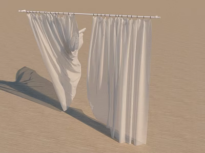 White Flowy Curtains On White Curtain Rod Partially Drawn Over Light Wooden Floor 3d model