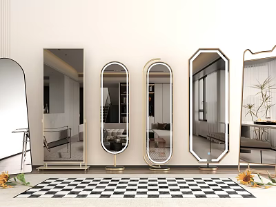 Various Shaped Decorative Mirrors With Gold Frames On Black And White Checkerboard Floor 3d model
