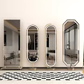 Various Shaped Decorative Mirrors With Gold Frames On Black And White Checkerboard Floor