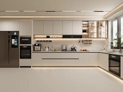 Modern Open Concept Kitchen Interior Design With White Cabinets Appliances And Island Counter 3d model