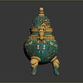 Ornamental Furniture Decorative Piece With Turquoise Gold Intricate Patterns And Lion Motifs