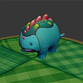 Cute Blue Dinosaur Game Movie Character With Colorful Back Protrusions On Green Checkered Platform