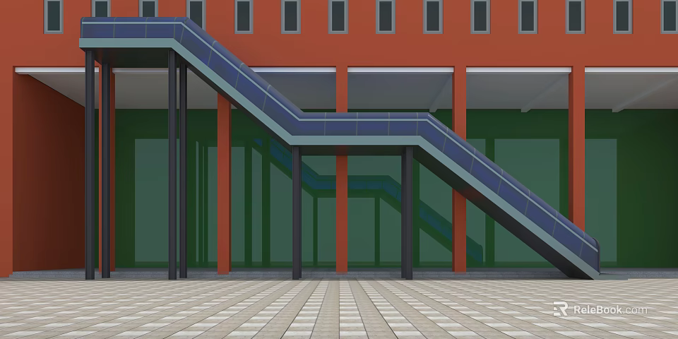 Modern Staircase with Blue Handrail Red Building Green Glass and Black Pillars on Tile Floor 3d model 