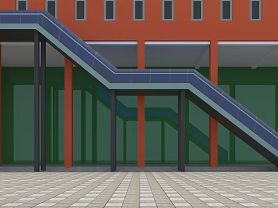 Modern Staircase with Blue Handrail Red Building Green Glass and Black Pillars on Tile Floor 3d model