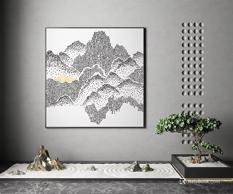 Interior Decor Featuring Text Based Mountain Painting Bonsai Tree Sand Tray And Circular Wall Art 3d model