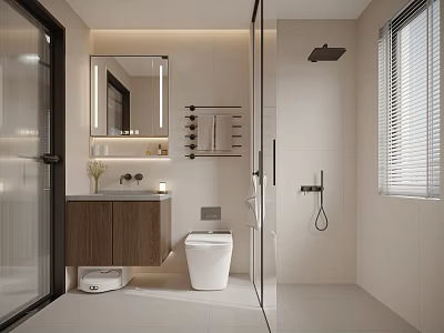 Modern Bathroom Interior With Wooden Cabinets White Toilet Glass Shower Mirror Wall Lights And Window Blinds 3d model