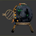 Ornamental Sphere Sculpture With Blue Green Surface Golden Base Circular Gold Element And Metal Frame
