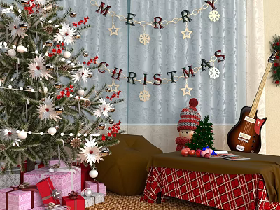 Cozy Christmas Photo Spot With Decorated Tree Merry Banner Gifts And Guitar 3d model