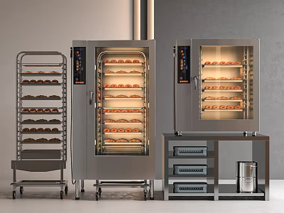 Commercial Kitchen Appliances Stainless Steel Ovens With Baked Bread And Multiple Layer Racks 3d model