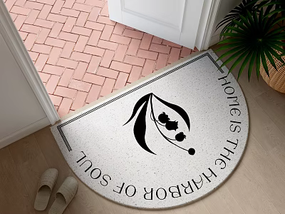 Stylish Entrance Rug With Black Leaf Flower Design Home Harbor Soul Text On Wooden Floor 3d model