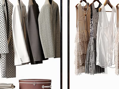 Stylish Hanging Clothes With Plaid Coats Layered Dresses Lace Details And Brown Suitcase 3d model