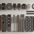Various Home Audio Speakers Display With Bookshelf Floorstanding Subwoofer And Center Channel