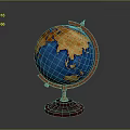 Decorative Desktop Globe With Red Stand Blue Oceans And Golden Continents On Gray Background