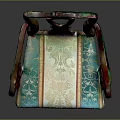 Vintage Wooden Screen With Red Green Accents And Blue White Fabric Panel