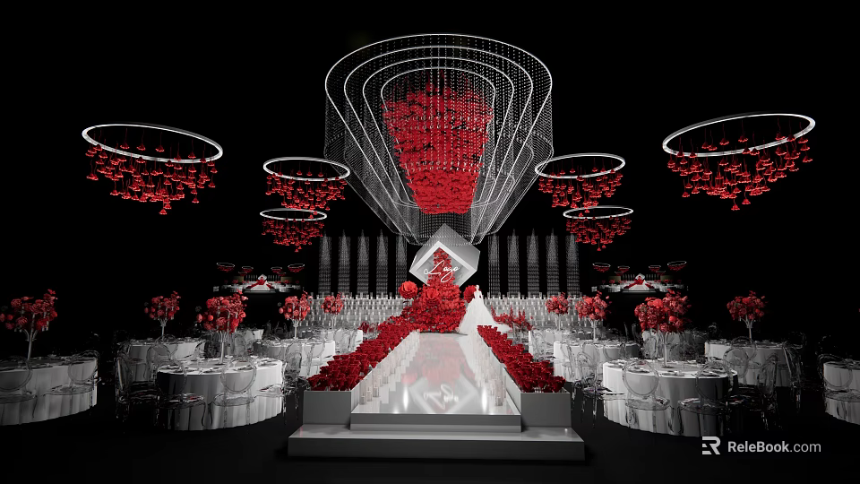 Elegant Banquet Hall With Red Decorations Circular Chandeliers Central Aisle And White Tables 3d model 